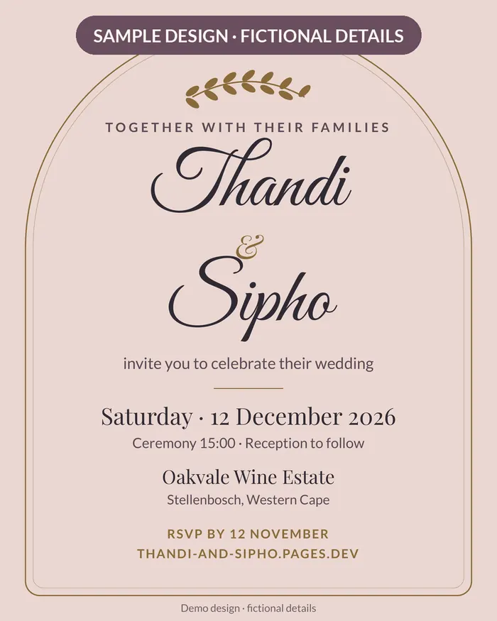 Sample invitation card: a blush wedding invitation with fictional names